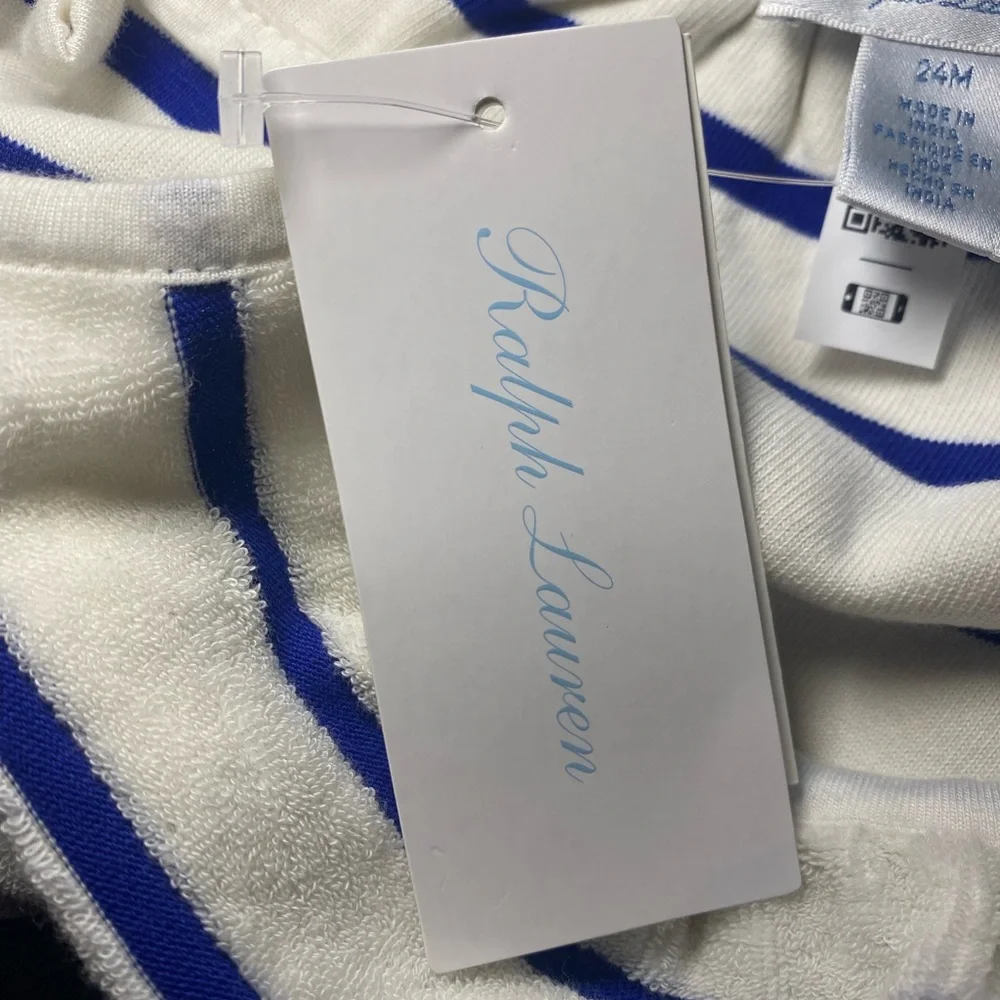 NWT Ralph Lauren Baby Girls Nautical Terry Striped Romper & Hat Set‎ Summer